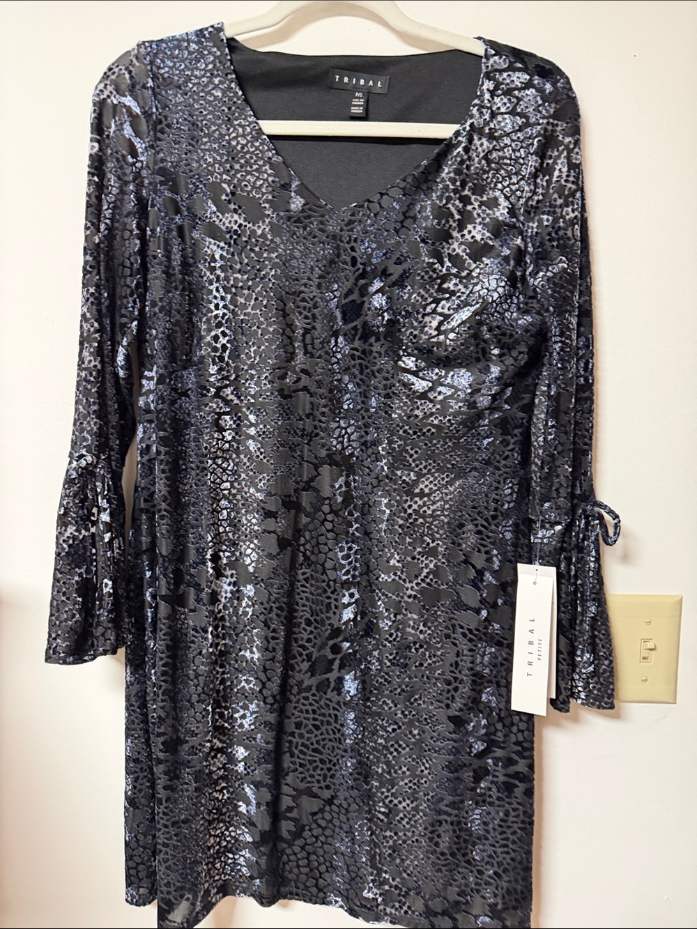 Tribal Black Metallic Animal-Texture V-Neck Dress